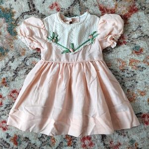 Disney Peach Pink Dress with Green Floral Trim and Puff Sleeves